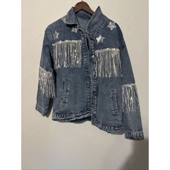 NWOT Unbranded Women's Large Blue Denim Western Cowgirl Fringe Jacket - Picture 1 of 4